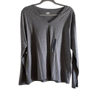 LANDS END Relaxed Cotton V-Neck Long Sleeve Shirt Grey Large